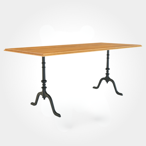 Rechteckiger Beizentisch mit hochwertiger Tischplatte aus Kirschbaumholz. Zwei elegante Gussfüße mit je vier Beinen tragen den Tisch sicher – eine stilvolle Lösung für Restaurants, Bars und klassische Beizen.