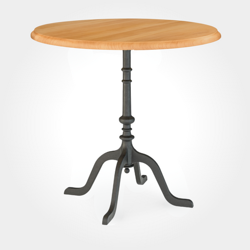 Runder Beizentisch mit edler Tischplatte aus massiver Kernbuche. Der stabile Gussfuß mit vier geschwungenen Beinen sorgt für sicheren Stand und passt ideal als Restauranttisch, Bartisch oder klassischer Beizenhocker-Tisch in die Gastronomie.