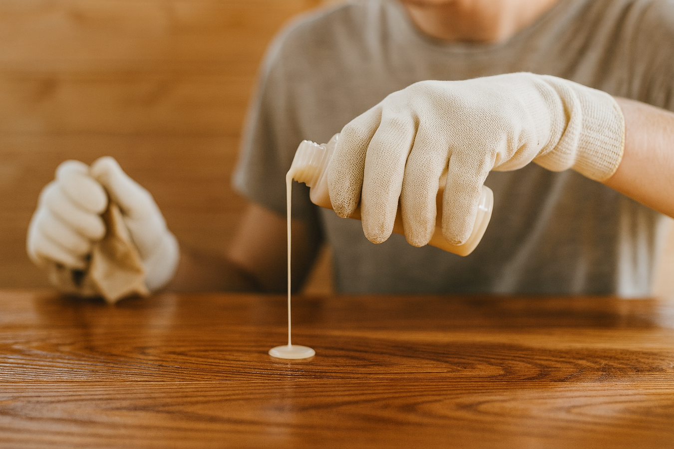 Person mit Handschuhen trägt Holzpflegeöl auf eine Massivholz Tischplatte auf für Schutz und natürliche Auffrischung der Oberfläche