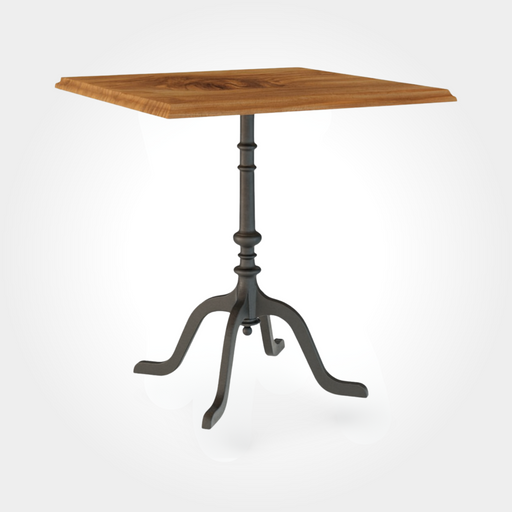 Quadratischer Restauranttisch mit massiver Ulmenholzplatte, charaktervoll gemasert. Der stabile Gussfuß mit vier Beinen bietet optimalen Halt und macht den Tisch perfekt für Beizen, Bars und Bistros.