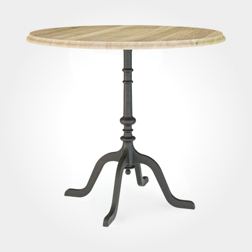 Runder Restauranttisch mit massiver Eichenholzplatte, markant gemasert. Ein solider Gusseisenfuß mit vier Beinen sorgt für Stabilität – ideal für Bars, Cafés oder die Gastronomie.