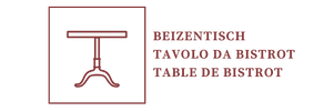 Logo mit Beizentisch-Symbol auf Gussfuss, kombiniert mit den Schriftzügen Beizentisch, Tavolo da Bistrot und Table de Bistrot in drei Sprachen.
