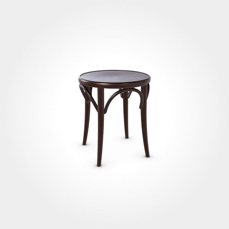 Eleganter Beizenhocker in dunkler Schokoladenfarbe mit runder Sitzfläche und geschwungenen Verstrebungen, ideal für Bar, Restaurant oder Café