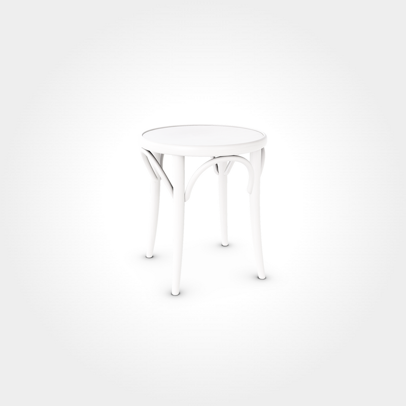 Heller Beizenhocker in Light White, rund aus massivem Holz mit geschwungenen Verstrebungen, passend für Cafés, Bars und Restaurants.