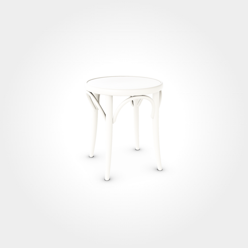 Weißer Beizenhocker aus Holz, rund mit eleganten Verstrebungen, ideal für Restaurants, Cafés und Bars im klassischen oder modernen Stil.