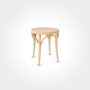 Beizenhocker rund aus massivem, geöltem Naturholz mit gebogenen Verstrebungen, ideal für Restaurants, Bistros und traditionelle Cafés.