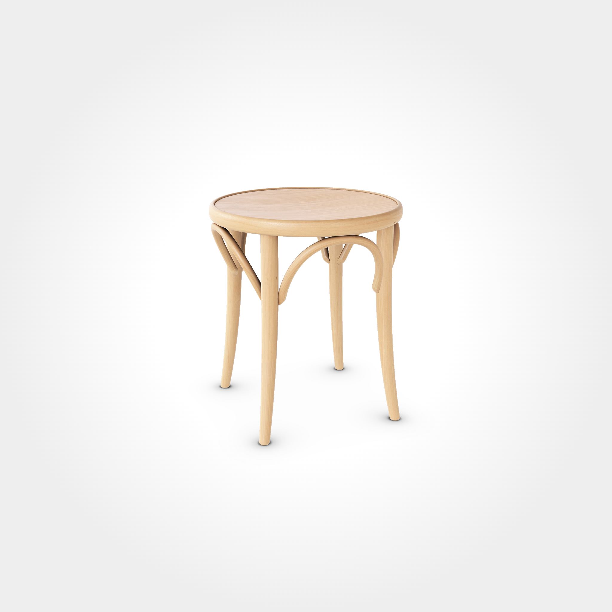 Beizenhocker rund aus massivem, geöltem Naturholz mit gebogenen Verstrebungen, ideal für Restaurants, Bistros und traditionelle Cafés.
