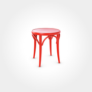 Roter Beizenhocker aus Holz, rund mit eleganten Verstrebungen, ein auffälliger Sitz für Restaurants, Cafés oder Bars mit modernem Flair.