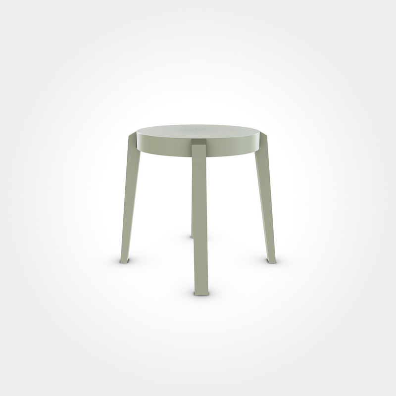 Runder Hocker in sanftem Grünton Pebble Green mit vier Beinen, schlichtes und modernes Möbel für Beizentische in Restaurant, Bar oder Café
