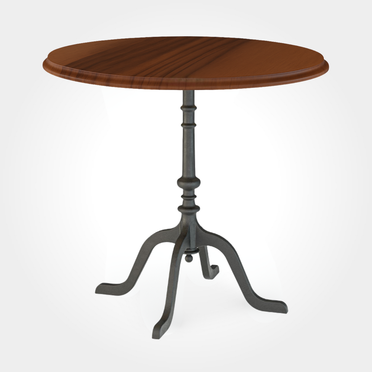 Runder Restauranttisch aus massivem europäischem Nussbaum. Die elegante Tischplatte kombiniert warme Maserung mit einem stabilen Gussfuß aus Eisen, vierbeinig konstruiert für sicheren Halt – ideal als Beizen- oder Bistrotisch mit klassischem Flair.