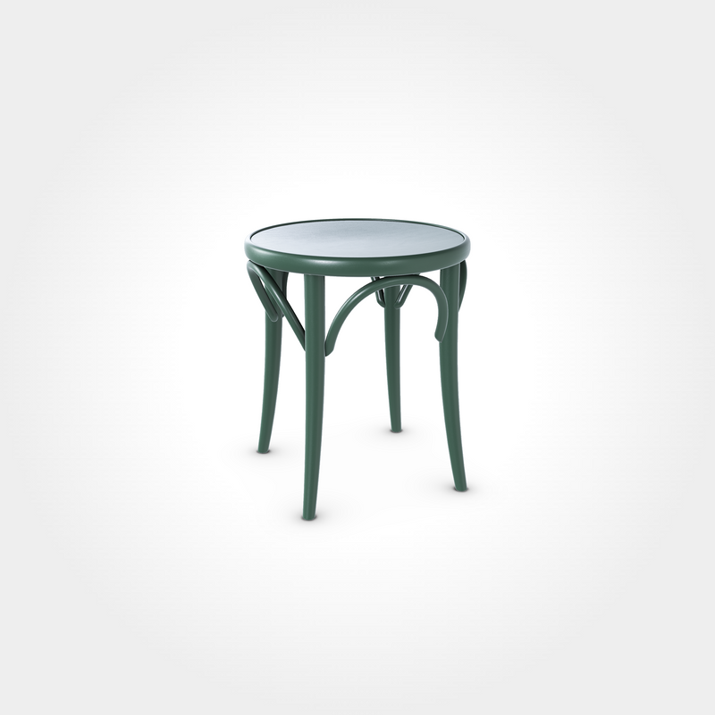 Eleganter runder Hocker in Deep Green mit geschwungenen Verstrebungen und vier Beinen, hochwertiges Sitzmöbel für Beizentische in Restaurant, Bar oder Café
