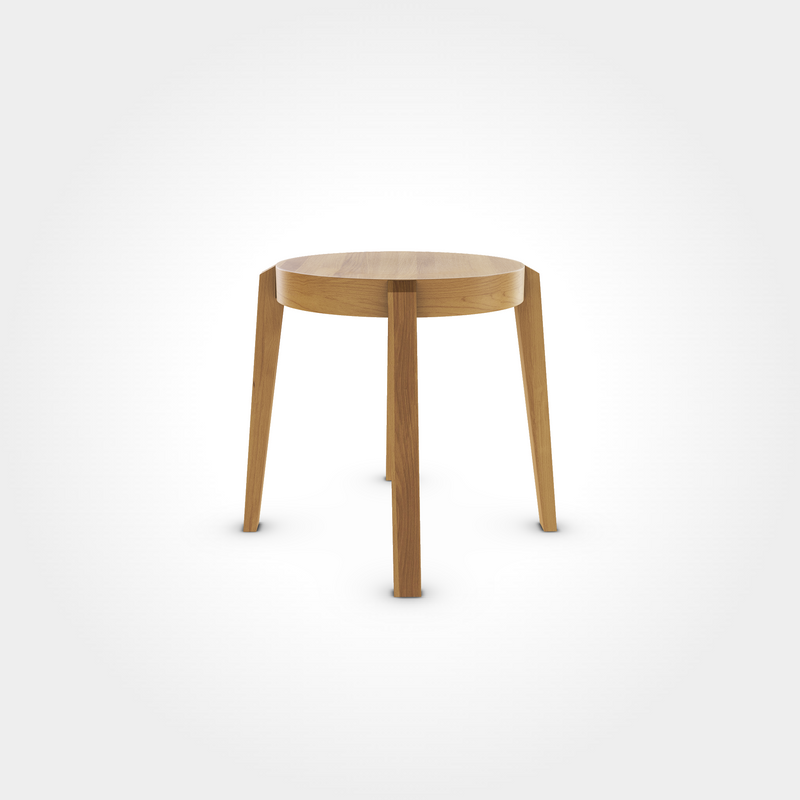 Runder Hocker in warmer Honigfarbe mit vier Beinen, elegantes Sitzmöbel aus Holz für Beizentische in Restaurant, Bar oder Café