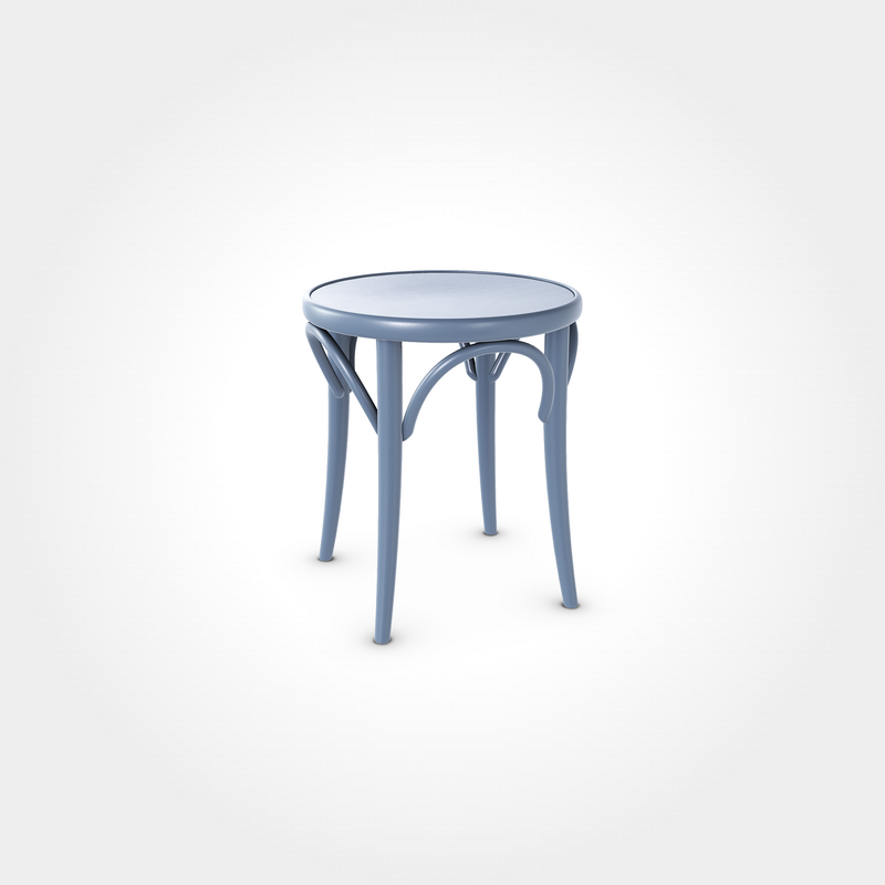 Klassischer runder Hocker in Steam Blue mit geschwungenen Verstrebungen und vier Beinen, elegantes Sitzmöbel für Beizentische in Restaurant, Bar oder Café