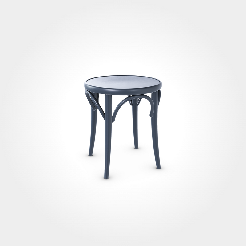 Eleganter runder Hocker in Graphite Blue mit geschwungenen Verstrebungen und vier Beinen, stilvolles Sitzmöbel für Beizentische in Restaurant, Bar oder Café