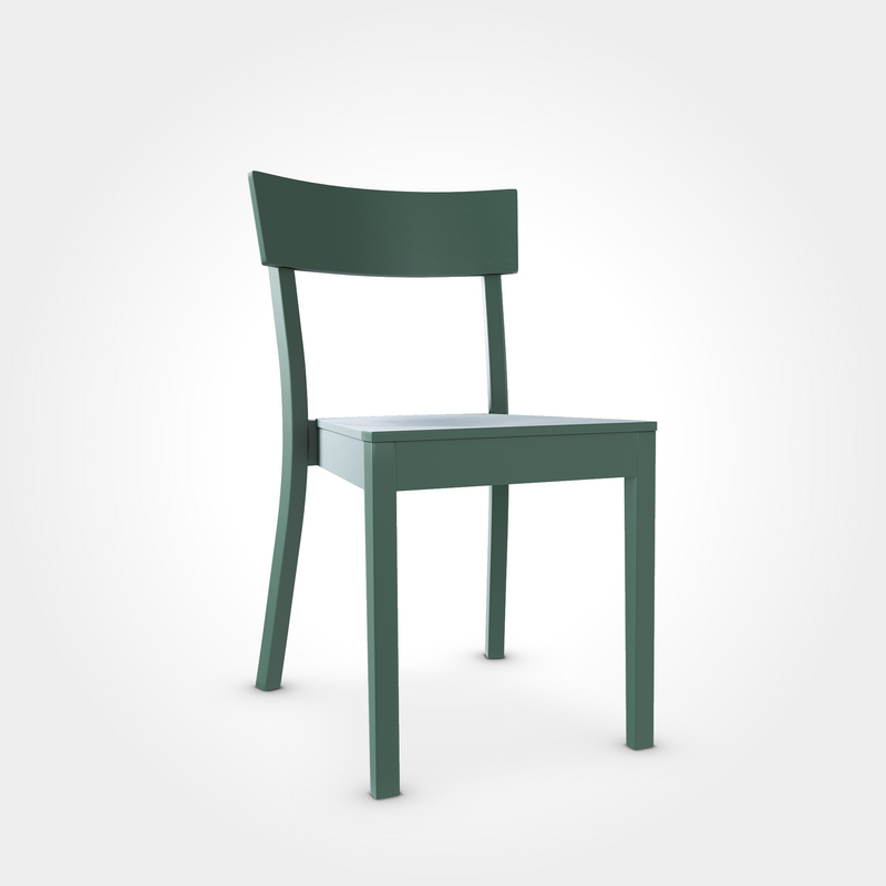 Restaurantstuhl Bergamo in Deep Green, stabiler Buchenstuhl mit satter grüner Lackierung. Stapelbar und ideal für moderne Cafés und Restaurants.