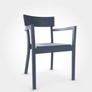 Dunkelblauer Armlehnenstuhl im Farbton Graphit Blau, mit eckigem Gestell, gerader Sitzfläche und breiter Rückenlehne. Der Stuhl ist stapelbar, wirkt modern und minimalistisch und eignet sich für Restaurants oder Cafés.