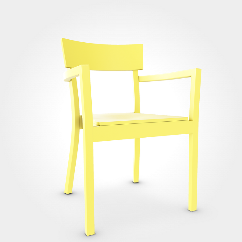 Gelber Stuhl mit Armlehnen im Retro Design stapelbar stabil ideal für Bistro Terrasse oder modernes Restaurant