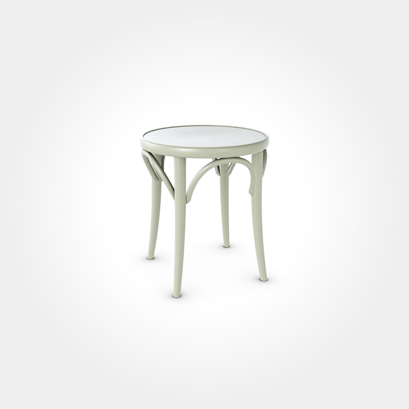 Traditioneller runder Hocker in Pebble Green mit geschwungenen Verstrebungen und vier Beinen, elegantes Sitzmöbel für Beizentische in Restaurant, Bar oder Café