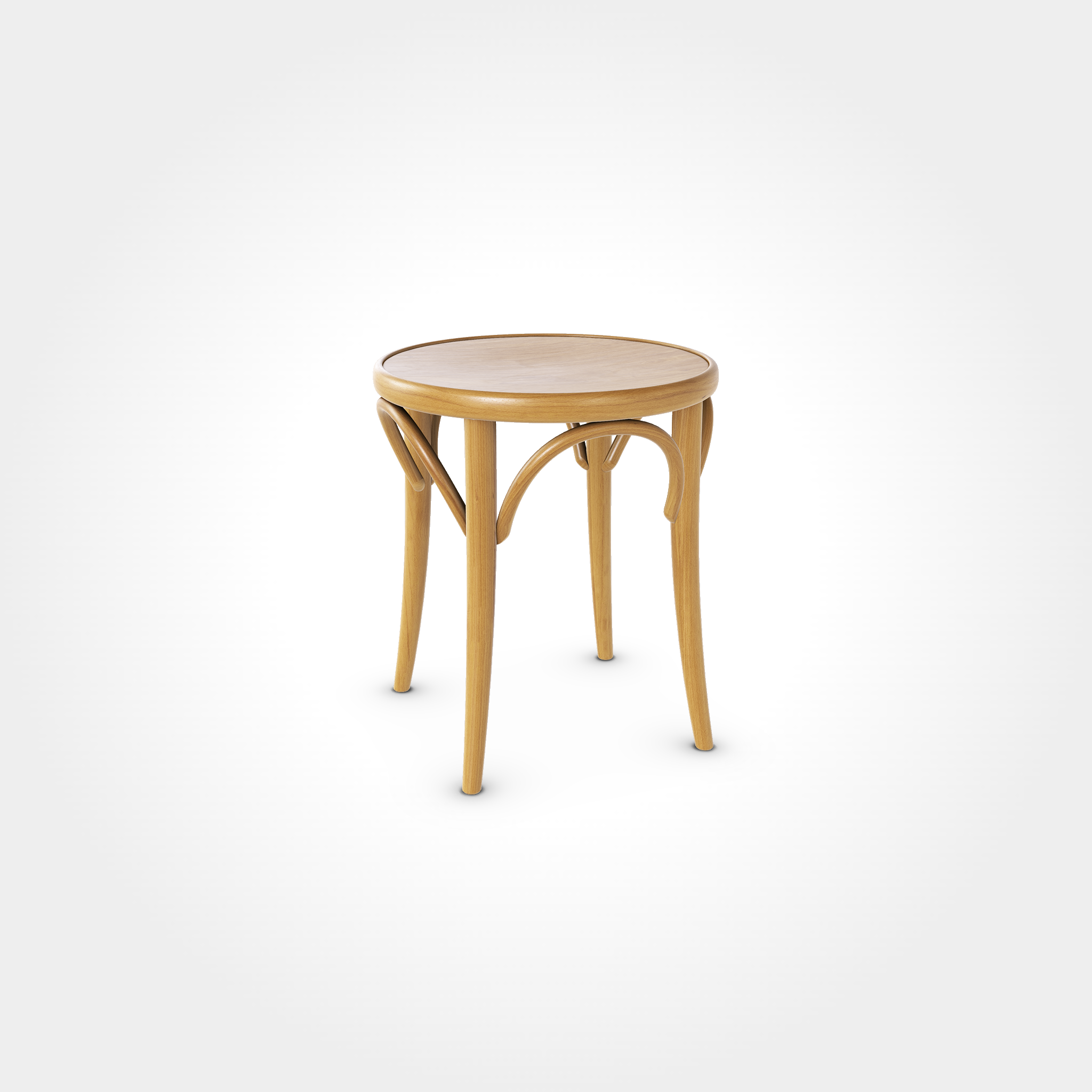 Vintage runder Hocker in Honigfarbe mit geschwungenen Verstrebungen und vier Beinen, gemütliches Sitzmöbel für Beizentische in Restaurant, Bar oder Café