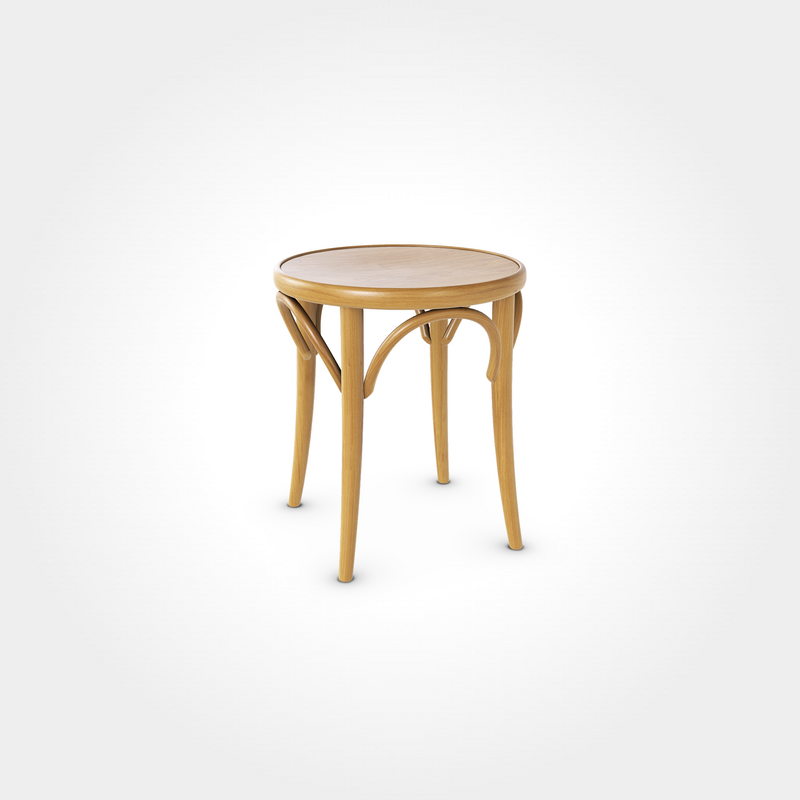 Vintage runder Hocker in Honigfarbe mit geschwungenen Verstrebungen und vier Beinen, gemütliches Sitzmöbel für Beizentische in Restaurant, Bar oder Café